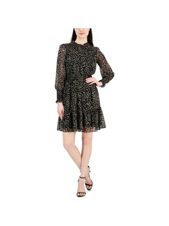 Taylor Dresses & Skirts - Taylor Women's Printed Smocked-Waist Tiered Chiffon Dress - Black/Latte
